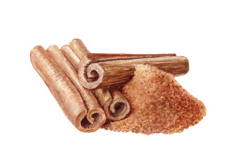 Watercolor illustration of cinnamon sticks with a bunch of ground cinnamon, isolated on white background.