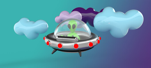 3d rendered alien in UFO, UFO sighting space ship in the sky, flying saucer. Green little alien in flying saucer. © Webstudio 2Amigos