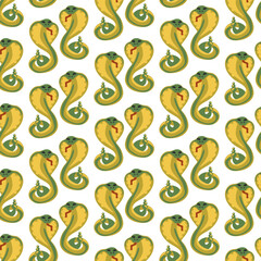 Fototapeta na wymiar Cartoon cobra pattern in green shades. Vector seamless snake pattern on a white background. Vector illustration in the theme of western, desert