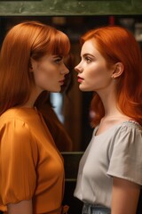 Fototapeta premium two young women standing face to face posing for the camera
