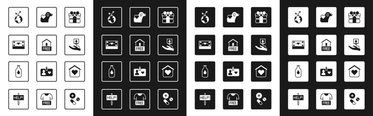 Set Gift box, Free home delivery, Donation and charity, Volunteer team planting trees, Blood donation, Heart with dog, Shelter for homeless and Bottle of water icon. Vector