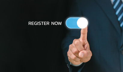 Data protection concept. Businessman click on button to activate data protection.
