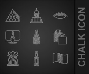 Set Lipstick, Champagne bottle, Flag France, Paper shopping bag, Windmill, Eiffel tower, Smiling lips and Louvre glass pyramid icon. Vector