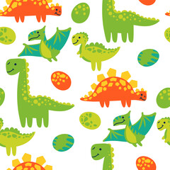 Vector seamless color repeating pattern with dinosaurs and their eggs in a bright cartoon style. Green and orange. Children's seamless pattern with hand-drawn dinosaurs. Vector illustration
