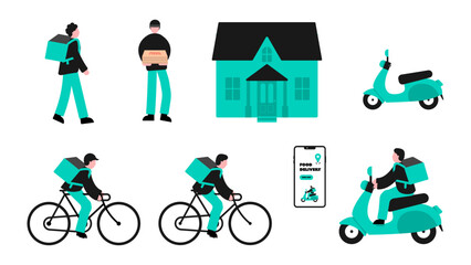 Food delivery characters illustration, food delivery driver, food delivery service.