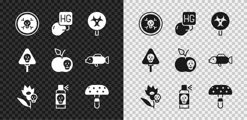 Set Bones and skull, Drop of mercury, Biohazard symbol, Poison flower, Spray against insects, Fly agaric mushroom, and apple icon. Vector