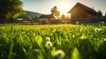 Fototapeta premium Amazing outdoor wonderful environment with farm, grass, animal, village, sunlight