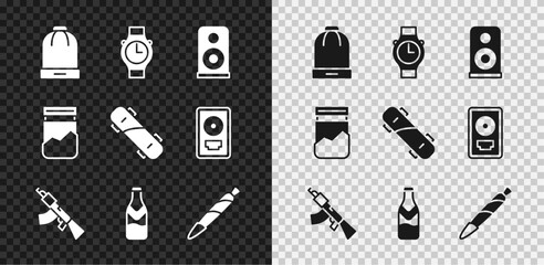 Set Winter hat, Wrist watch, Stereo speaker, Submachine gun, Beer bottle, Marijuana joint, spliff, Plastic bag of drug and Skateboard icon. Vector