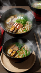 Asian style soup with udon, ramen, noodles, pork, boiled eggs, mushrooms and green onions close-up in a bowl on the table.