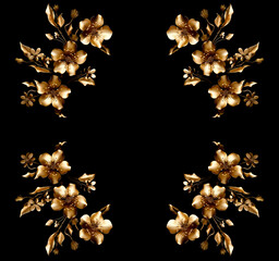 Gold plated flowers isolated on black background with copy space. Card, Gift, wallpaper or invitation. 