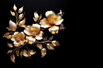 Gold plated flowers isolated on black background with copy space. Card, Gift, wallpaper or invitation. 
