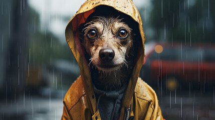 un chien en imperméable trempé sous la pluie pour illustrer l'expression : il fait un temp de chien - obrazy, fototapety, plakaty