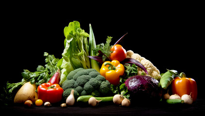 a fresh group of vegetables on black background. AI Generated