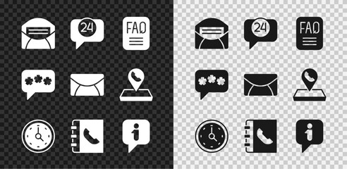 Set Mail and e-mail, Telephone 24 hours support, FAQ information, Clock, Phone book, Information, Speech bubble chat and icon. Vector