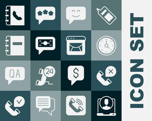 Set Telephone 24 hours support, Declined missed call, Clock, Smile face, Stacks paper money cash, Notebook, Phone and Mail and e-mail icon. Vector
