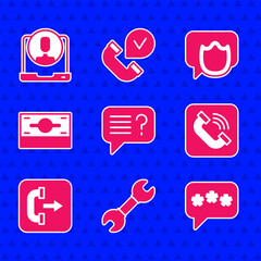Set Unknown search, Wrench spanner, Speech bubble chat, Telephone handset, Outgoing call, Stacks paper money cash, and 24 hours support icon. Vector