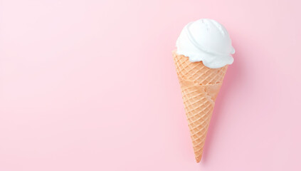 Vanilla ice cream cone on pink faded pastel color background. Vanilla ice cream in wafer cup. AI Generated