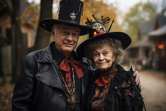 An Elderly Couple Dressed Up In Halloween Costume. Generate