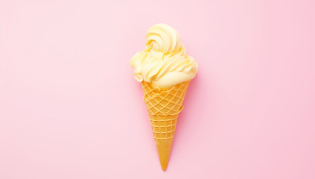 Vanilla ice cream cone on pink faded pastel color background. Vanilla ice cream in wafer cup. AI Generated