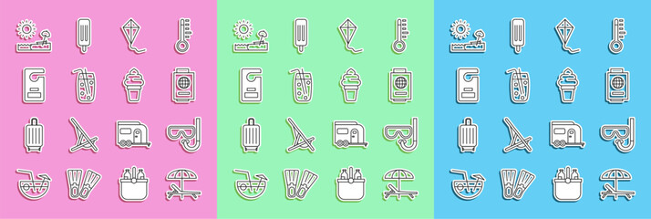 Set line Sunbed and umbrella, Diving mask snorkel, Passport with ticket, Kite, Cocktail alcohol drink, Please do not disturb, Beach chair and Ice cream waffle cone icon. Vector