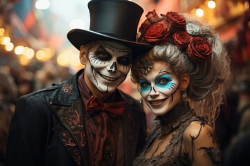 Multi ethnic middle-aged friends went to the Halloween parade. Man and woman with makeup dressed up in Halloween costumes. Generated Ai