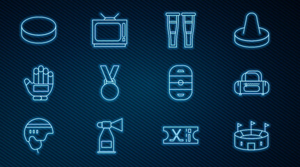 Set line Hockey stadium, Sport bag, Crutch crutches, Medal, glove, puck, Ice hockey rink and Retro tv icon. Vector