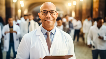 Fototapeta premium Smiling male doctor standing with medical colleagues in a hospital. Portrait of medical team standing in modern hospital building.