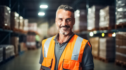 Smiling portrait of a male supervisor standing in warehouse looking at camera.

