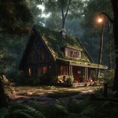 Cozy Wooden House in the Woods: Warm Glow of Home and Shining Street Light. A charming and welcoming scene amidst the tranquil forest. Generative AI.