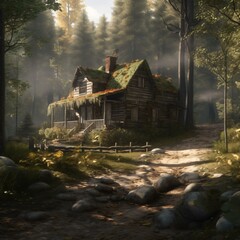 Abandoned Wooden House Amidst Nature's Grasp. A hauntingly beautiful scene of solitude and decay. Generative AI.