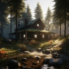 Cozy Wooden House Amidst the Forest. A tranquil retreat surrounded by nature's beauty and soothing waters. Generative AI.