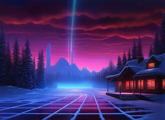 Illuminated Snowy Cabin with Ice Road, Mountains, and Northern Lights. A captivating winter vista blending cozy solitude and cosmic splendor. Generative AI.