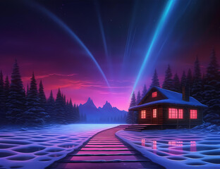 Serene Wooden House Amidst Snowy Landscape with Northern Lights. A picturesque scene of tranquility and natural wonder. Generative AI.