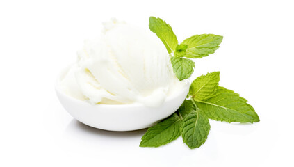 Vanilla Ice Cream with Mint in bowl Homemade Organic product Top view. AI Generated
