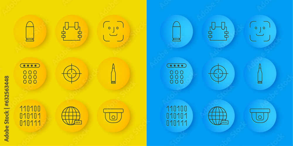Poster set line binary code, password protection, target sport, motion sensor, bullet, face recognition and