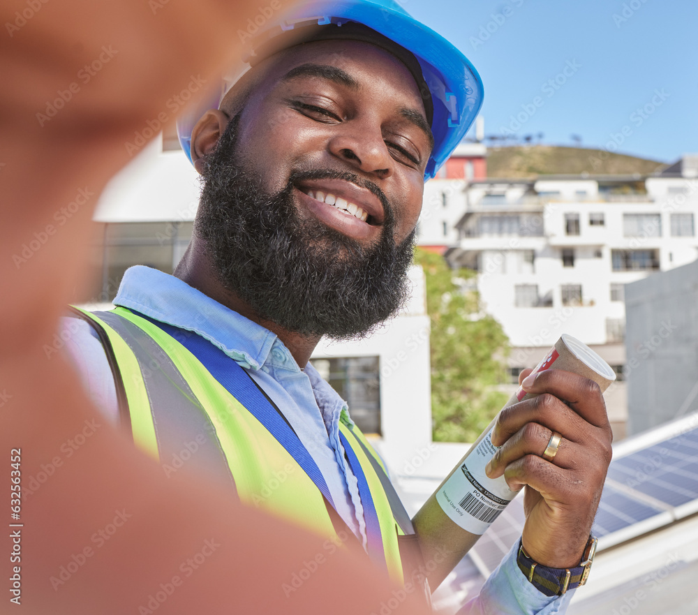 Wall mural Engineer, selfie and smile of a man outdoor in a city for architecture, building and construction. Face of a happy African male worker or technician for social media, profile picture or development