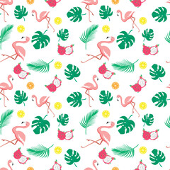 Tropical vector seamless pattern with flamingos and leaves