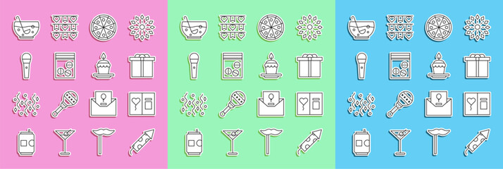 Set line Firework rocket, Greeting card, Gift box, Pizza, Plastic bag of drug, Karaoke microphone, Mixed punch bowl and Cake with burning candles icon. Vector