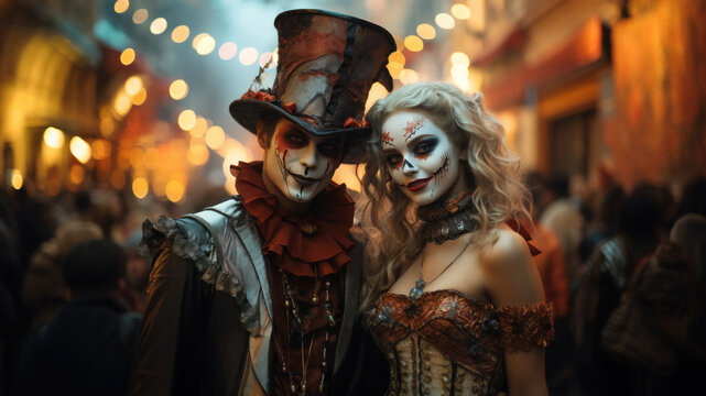 Student friedns dressed up in Halloween costume. Girl and boy in Halloween makeup. Street portrait of Halloween parade participants. Generated Ai