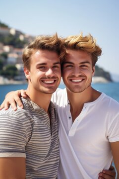 portrait of a happy young gay couple posing for a photo together on holiday
