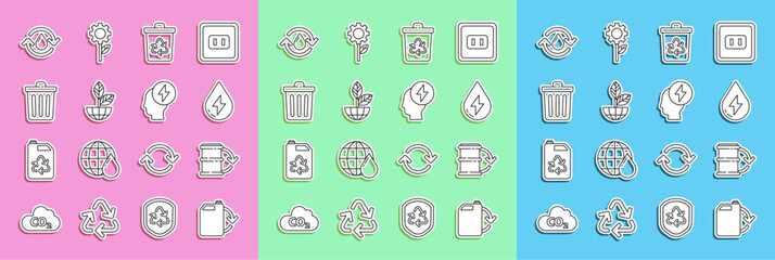 Set line Eco fuel canister, barrel, Water energy, Recycle bin with recycle, Earth globe and plant, Trash, clean aqua and Head electric symbol icon. Vector