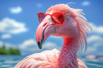 Gardinen Flamingos wearing sunglasses to block the sun's rays from the blue sky on a tropical island. Travel concept. © cwa
