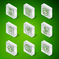 Set line Gear and arrows as workflow, Earth globe leaf, Garbage bag with recycle, Human head inside, Battery, Trash can, Recycle clean aqua and plant icon. Vector