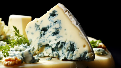 blue cheese on a wooden board. AI Generated