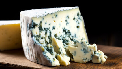 blue cheese on a wooden board. AI Generated