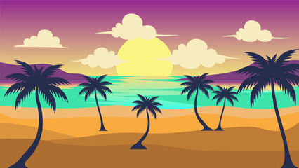 Obraz na płótnie Canvas vector illustration of a beach scene at sunset