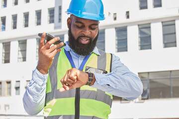 Black man, time or architect on a phone call or construction site speaking of building schedule or...