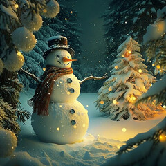Beautiful winter night landscape with a Christmas tree and a snowman.