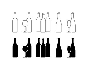 Bottles of wine and champagne. Silhouette, black, champagne and glass, wine and wine glass. Vector icons