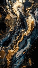 Obraz premium Abstract dark background, texture of spreading golden paint, generative AI.